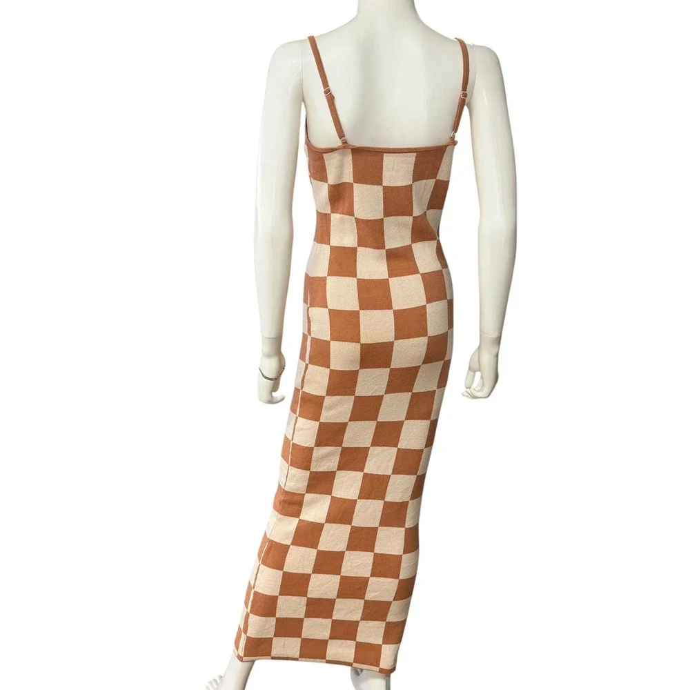 Checkered Maxi Dress M Retro Y2K 70s Brown Cream Bodycon Knit Vintage Inspired - Picture 4 of 9